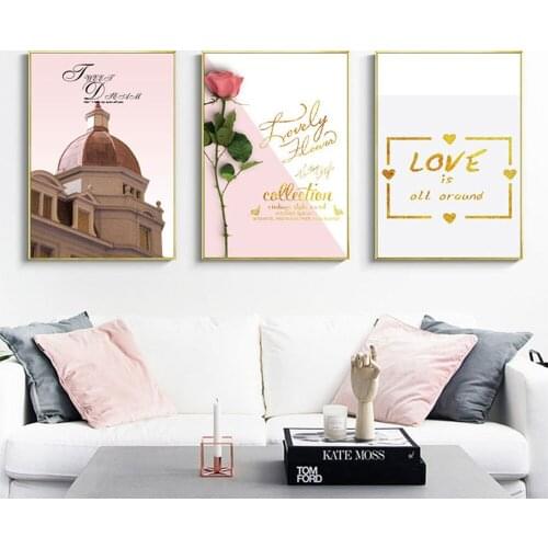 Simple Ins Pink Flower Rose Canvas Painting Gold Leaf Letter LOVE is all round Poster Living Room Bedroom Wall Art Decor Picture