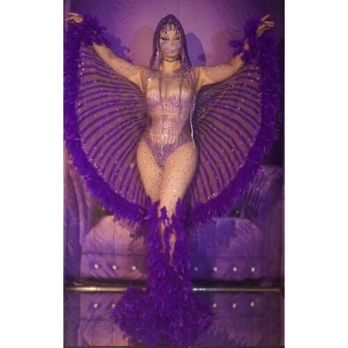 Purple Rhinestone Feather Transparent Long Dress Women Birthday Celebrate Prom Party Dress Sexy Show Performance Wing Outfit