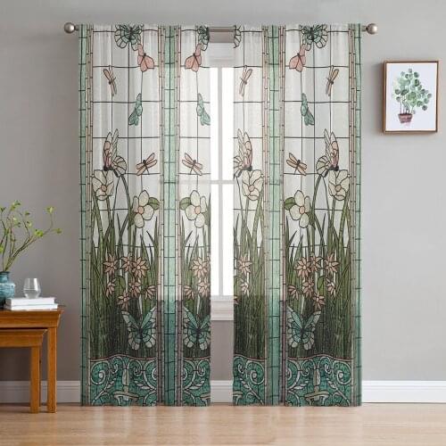 Stained Glass Meadow Butterfly Sheer Curtains for Living Room Modern Voile Curtain Bedroom Tulle Curtains Window Drapes Decor