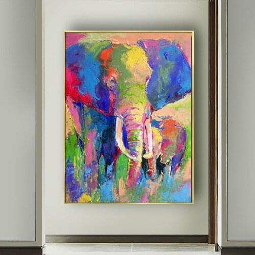 Hand Painted Abstract Elephant Couples Animal Family Oil Paintings On Canvas Childrens Room Wall Picture For Living Room Decor