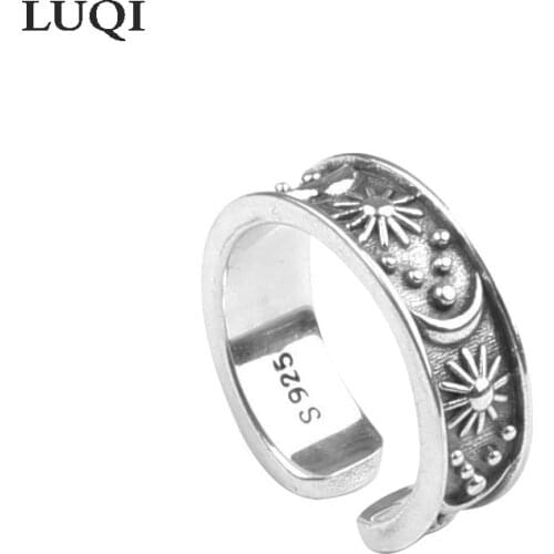 S925 vintage Thai silver distressed star and moon dark male and female open ring TJ-129