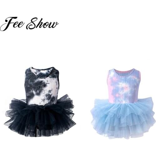 Kids Girls Dance Tutu Dresses Tie Dye Print Ballet Leotard Bodysuit Sleeveless Press Button at Crotch Layeres Mesh Jumpsuit