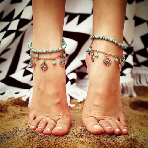 2Pcs/set Unique Green Howlite Bead Flower Pendant Gold Color Chain Anklet Souvenir Ankle Bracelet Foot Jewelry