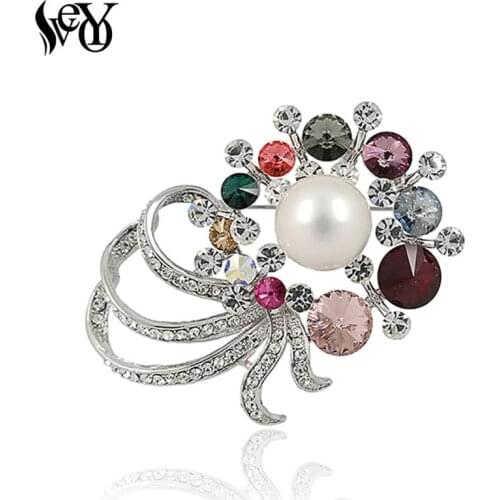 VEYO Fashion Design Crystal Lmitation Pearl Flower Big Wedding Brooch for Woman Bride Pins Broach Costume Jewelry