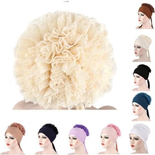 Women/Men Hats New Style Muslim Big Flower Pure Color Bud Silk Lacy Plate Flower Hat India Baotou Cap Euramerican Tide 391