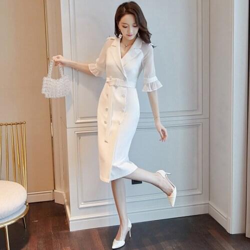 Summer Business Dress For Women Office Double Breastes Lapel Belt Dress Midi Long Elegant Office Dresses Ladies 2019 DD2166