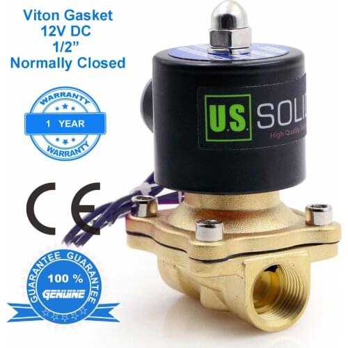 U.S. Solid 1/2'' Brass Electric Solenoid Valve 12V DC Normally Closed Viton Gasket Air, Gas, Fuel