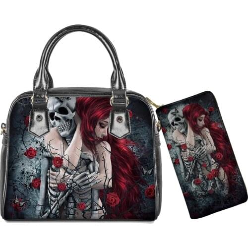 2Pcs/Set Halloween Sugar Skull Girl Print Tote Bag Handbags for Women Day of the Dead Floral Skull Crossbody Bag Messenger Bag