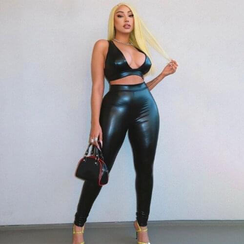2021 new Women Leather 2 Piece Suit Sleeveless Low Cut Crop Top High Waist Leather Leggings for Party
