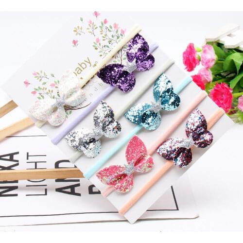 6PCSCrown Butterflies Baby Hair Bands Set Newborn Headbands For Girls Shiny Sequin Baby Headbands Nylon Elastic Hair Accessories