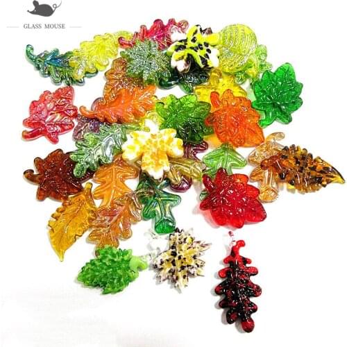 6pcs Miniature handmade glass tree leaf ornament different color shape Home garden hanging decoration charms Pendant accessories