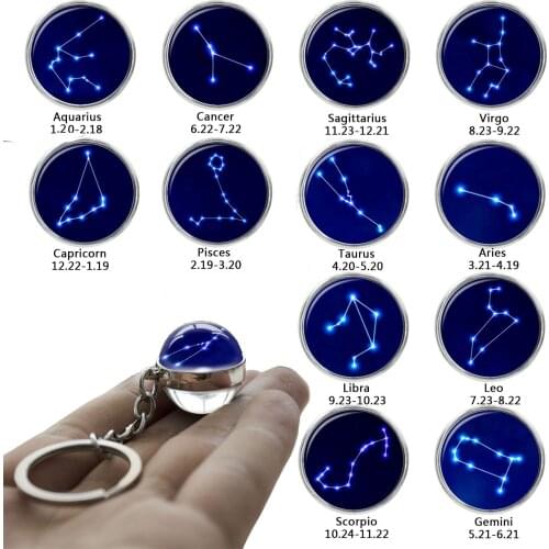 12 Constellation Keychain Fashion Double Side Cabochon Glass Ball Keychain Zodiac Signs Keyring Key Chains Jewelry Birthday Gift