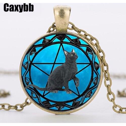 Caxybb Black Cat Children Pendants Wicca Pentagram Crystal Chain Link Necklace Blue Metal Fashion pendant crystal necklace