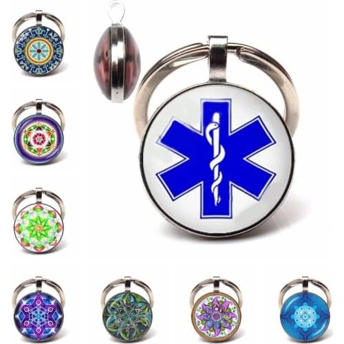 Exquisite star of life Double sided keychain Diabetic Medical Alert Dentist Doctor badge women yoga mandala key ring jewelry