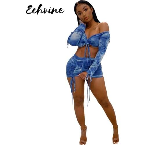 Echoine Sexy Tie Dye Two Piece Skirt Set Fashion Long Ruched Sleeve T Shirt Crop Top Front Bandage Mini Skirt Tracksuit Summer