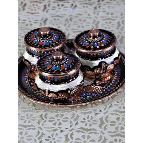 Üçlü Gül Çiçek Tepsi Masaüstü Renkli Tiny Bakır Baharat Sos Raf Kakma Kase Kase El Yapımı Mutfak Sofra Eşyaları