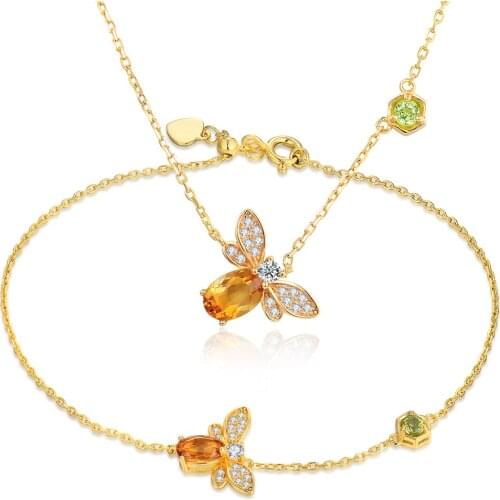 LAMOON Bee 5x7mm 1ct 100% Natural Citrine 925 Sterling Silver Jewelry S925 Jewelry Set V027-4