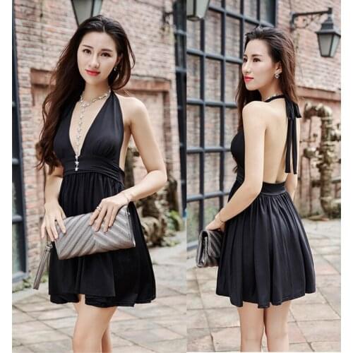 Summer Black Deep V-neck Sexy Dress Halter Backless Dresses Woman Party Night Clubwear Elegant Vestido Minifalda Sissy Miniskirt