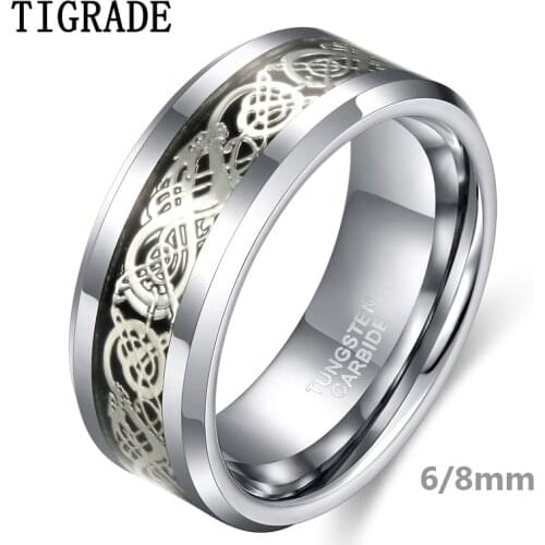 Tigrade 6/8mm Men Silver Color Tungsten Carbide Ring Luxury Wedding Band Dragon Inlay Fashion Jewelry Comfort Fit anel masculin