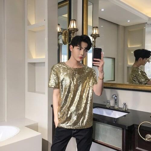 Male Singer Theatrical Performance Costume Sequin Short-Sleeved T-Shirt Half-Sleeve Top Men\x27s Shirt Hip Hop Harajuku T Shirts