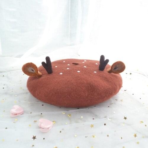 SOFT Girl Cute Handmade Wool Felt Antlers Ear Beret Creative Painter Cap Children Christmas Gift