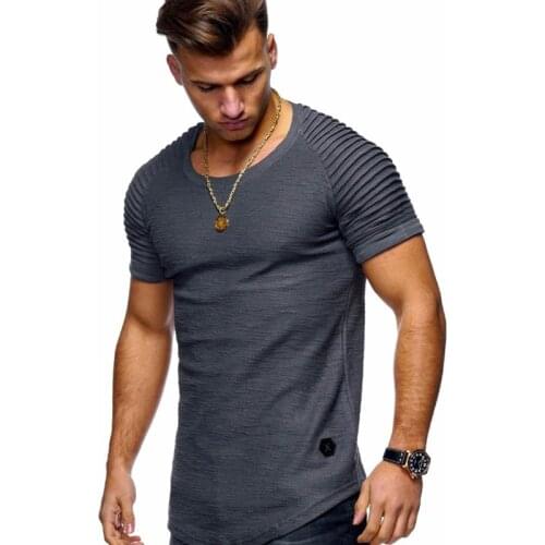 2020 new short-sleeved solid color mens t-shirt pleated shoulder jacquard stripes Slim T-shirt mens casual sports wild T-shirt
