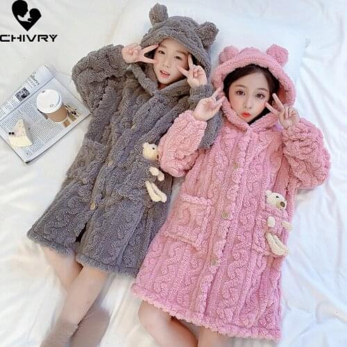 New Kids Flannel Pajamas Robe Autumn Winter Boys Girls Thicken Bathrobe Baby Bath Robes Hooded Long Sleeve Towel Robe Home Wear