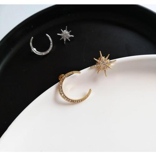Wholesale S925 Womens Silvery Needle Star Moon Earrings Creative Asymmetric Simple Crystal Set Elegant Ear Stud