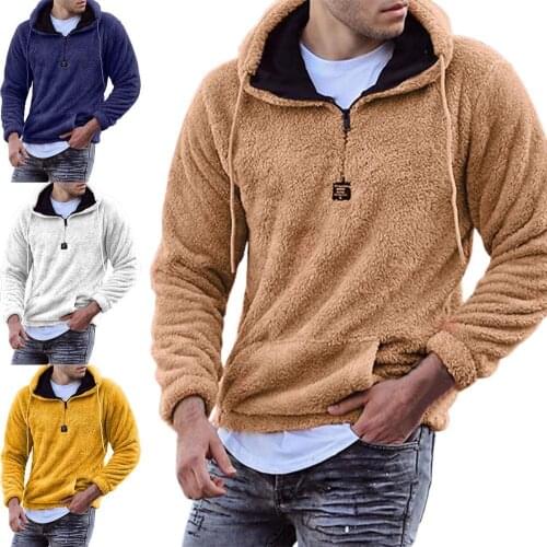 Plush Long Sleeve Pullover Hoodie Autumn Winter Front Pocket Warm Hooded Sweatshirt Outerwear