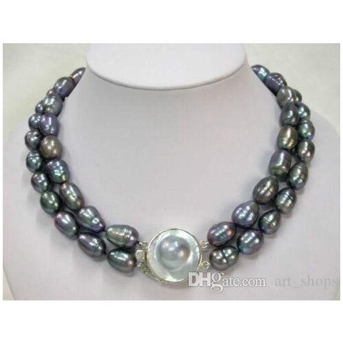 Selling 2 Rows natural 9-10mm tahitian black pearl necklace 17"-18" LL002>>> free shipping
