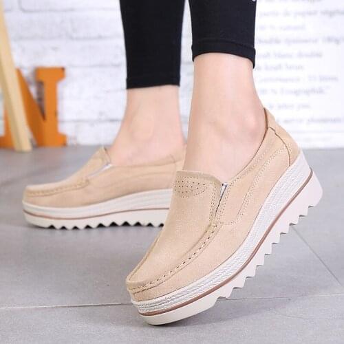 Muffin Walking Shoes Woman Thick Bottom Slope Big Size Shoe Pedaling Leather Shaking Women Shoes Breathable Genuine Leather