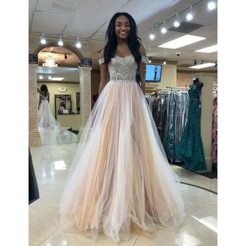 Champagne Beaded Off Shoulder Prom Dresses Long Tulle Zipper Back Formal Evening Party Ball Gowns bestidos de gala