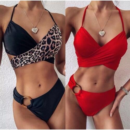 Sexy Bikini 2021 Women Push Up High Waist Leoaprd Print Patchwork Swimsuit Solid Purple Pool Bathing Suit High Cut Swimwear