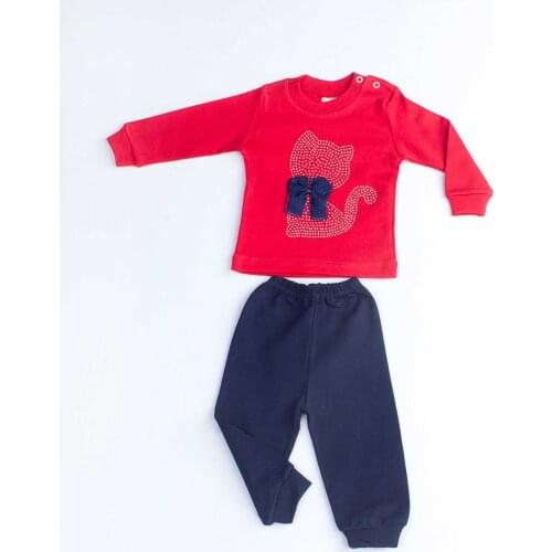 Red Baby Girl Cat Vetch 2 Piece Set Tracksuit Bottom Wear Top Outfit Cotton Casual Casual Outfit Models