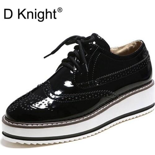 Brogue Platform Oxford Shoes For Women Plus Size 34-43 Vintage British Style Flats Lace Up Female Oxfords Ladies Casual Shoes