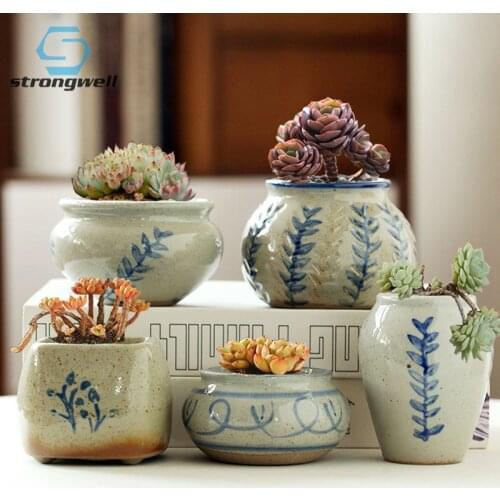 Vintage Blue&White Ceramic Flower Pot Hand Painted Succulent Old Pile Stoneware Basin Home Balcony Garden Decoration