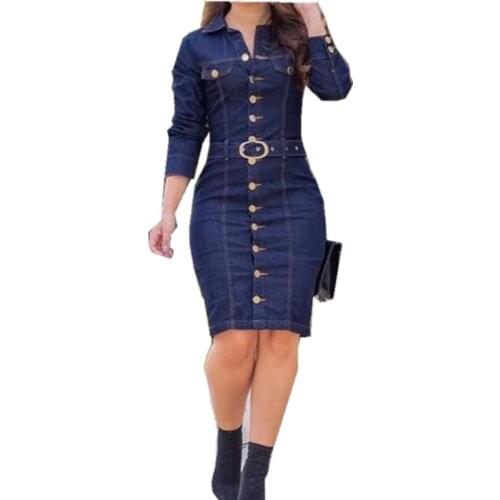 WEPBEL Denim Dress Women Long Sleeved Casual Lapel Collar Elegant Solid Color High Waist Knee-Length Dress Single Breasted Jeans