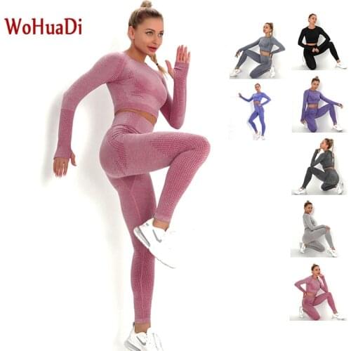 WOHUADI Seamless Long Sleeves Shirts Fitness Set Sport Yoga High Waist Leggings Women Clothing Polka Dot Jacquard Crop Top