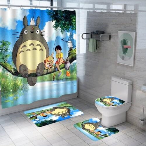 3D Anime Print Totoro Shower Curtain Set Waterproof Washable Polyester Bath Curtain Anti-slip Rugs Toilet Lid Cover Bath Mat Set