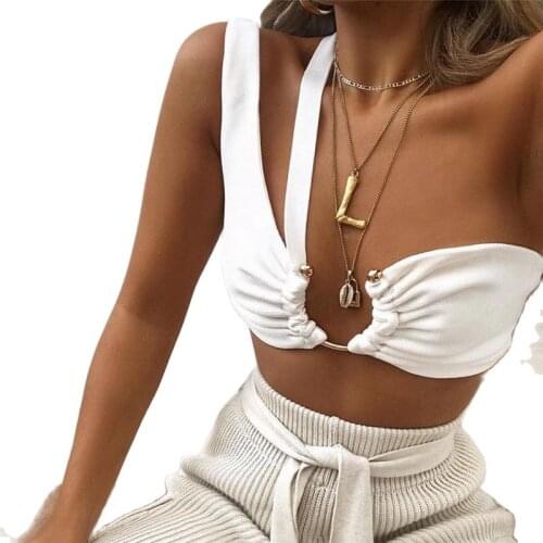 2021 Womens Solid Color Camisole Metal Decorative Tube Top Single Shoulder Strap Vest Sleeveless Off-the-shoulder Crop Tops
