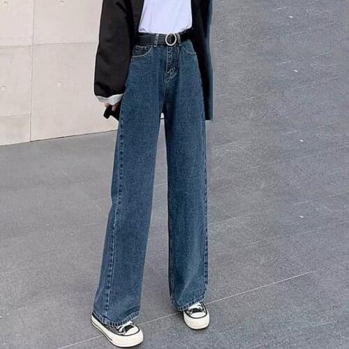 Women Full Length Solid Pocket High Waist Jeans Lady Blue Wide Leg Simple Button Straight Denim Jeans Autumn Korean Trouser