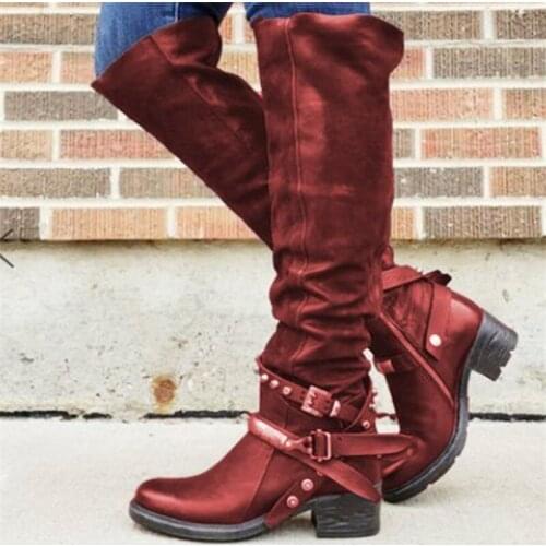 Winter Boots Women Woman Genuine Leather Boots Knee High Buckle Round Toe Shoes Rivets Low Square Heels Old Fashion Style Shoes