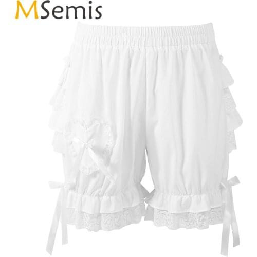 Womens Vintage Victorian Gothic Bloomers Shorts Pantaloons Costume Elastic Waist Layered Ruffle Lace Trim Loose Pumpkin Shorts