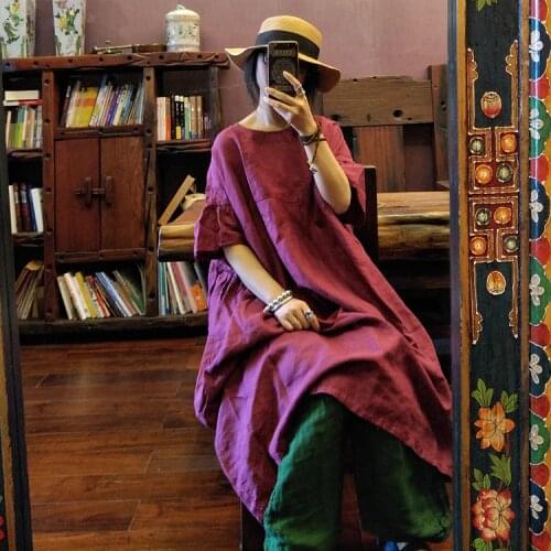 Women Summer Short Sleeve Linen Dress Ladies Plus Size Dresses Female Oversized Flax Dress 2021