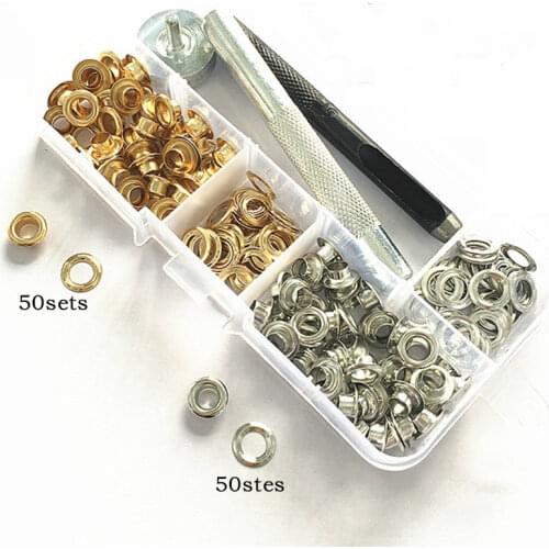 100Sets/lot Copper Garment Eyelets Grommet Rivet Tool Press Gold Silver Shoes Hats Clothing Decoration Tailor Sewing Accessories