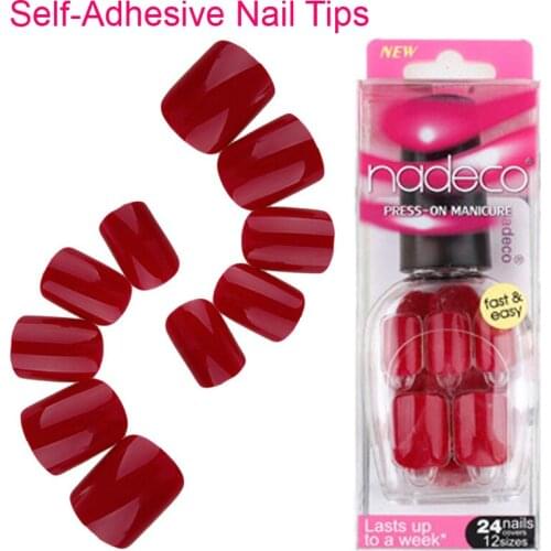 12Sets Full Cover Wine Color Self-Adhesive Fake Nail Polish Tips Deep Dark Red Glued Nails Artificial French Manicure Tip RCP-32