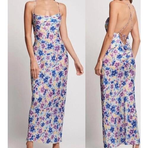 2021 Summer Women Print Dress Woman Backless Lace up Sleeveless Slip Dress Ladies Casual Long Beach Robe Fashion Sexy Party Wear