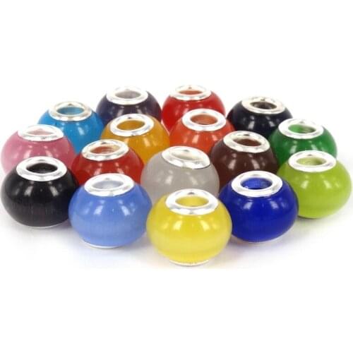 Free Shipping 100pcs Mix Color Cats Eye Large Hole Beads & Silver Color Core Fit Pandora Style European Bracelet Making