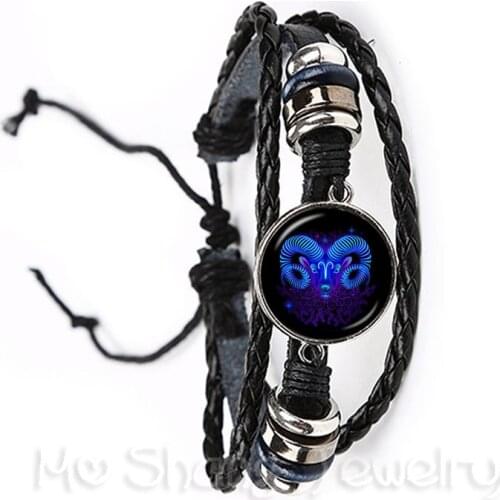 Aries/Taurus/Gemini/cancer/LEO/Virgo Zodiac Signs Bracelet 12 Constellations Cabochon Glass Time Gem Adjustable Birthday Gift