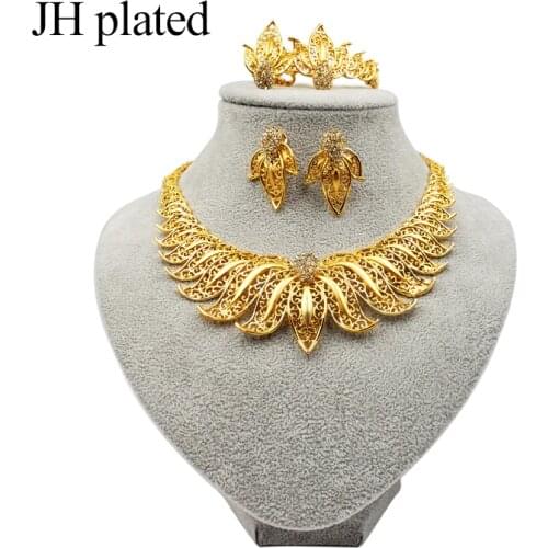 JHplated 2019 New Dubai Fashion jewelry sets African Gold color wedding gifts party for women Ornament Necklace earrings ring